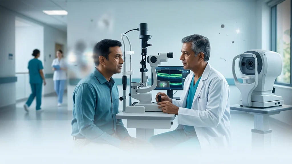 Person experiencing early vision changes while an eye specialist performs an examination to identify possible signs of vision loss.