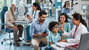 Eye specialist performing a comprehensive eye checkup to assess vision and detect potential eye health problems.