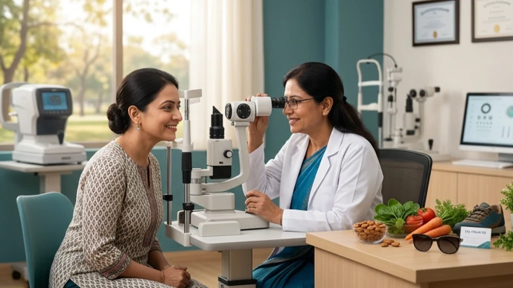 Adult over 40 having a comprehensive eye examination while learning about healthy habits, regular screening, and ways to protect vision.