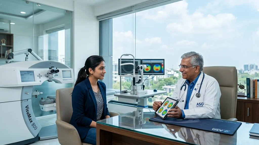LASIK eye surgery consultation in Indore with an eye specialist discussing laser vision correction, treatment options, cost, eligibility, and recovery.