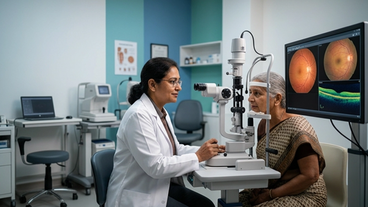 Eye specialist performing a retina scan and examination to assess retinal health, detect abnormalities, and review eye test results.