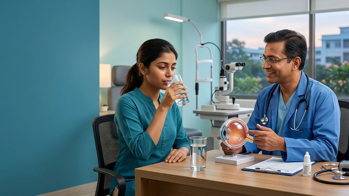 Person experiencing dry and irritated eyes due to dehydration while learning about hydration and healthy eye care habits.