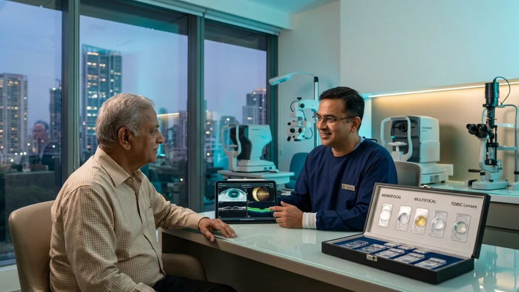 Eye surgeon discussing cataract surgery, lens options, treatment, cost, and recovery with a patient in Mumbai.