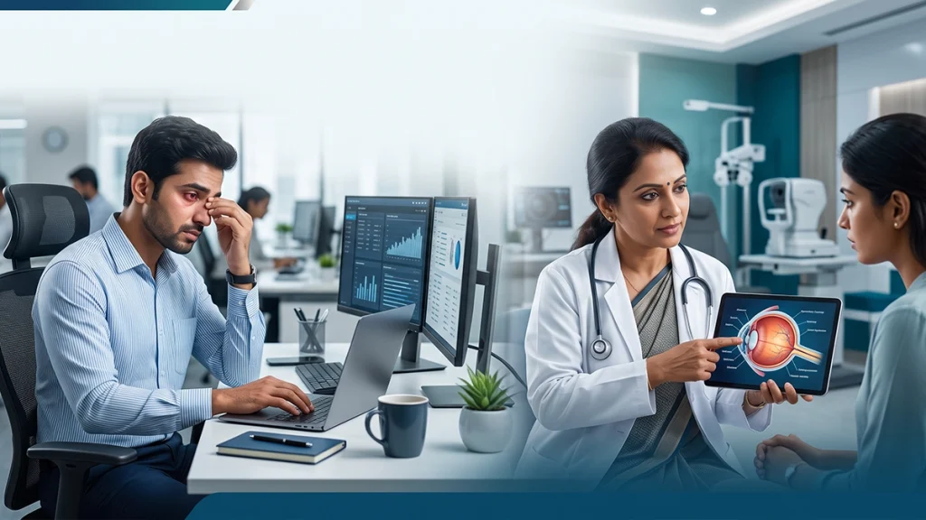 Office worker experiencing digital eye strain while using a computer, with an eye specialist explaining screen-related eye care and prevention.