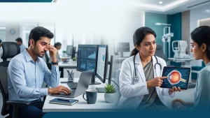 Office worker experiencing digital eye strain while using a computer, with an eye specialist explaining screen-related eye care and prevention.