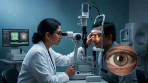 Eye specialist examining a patient for pigmentary glaucoma and assessing eye pressure, pigment dispersion, optic nerve health, and vision changes.