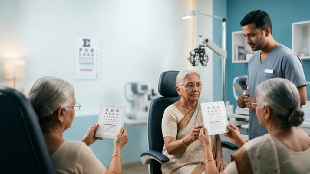 Eye specialist performing a visual acuity test using near and distance vision charts to assess a patient's eyesight and visual clarity.