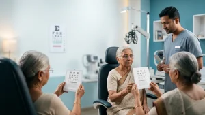 Eye specialist performing a visual acuity test using near and distance vision charts to assess a patient's eyesight and visual clarity.