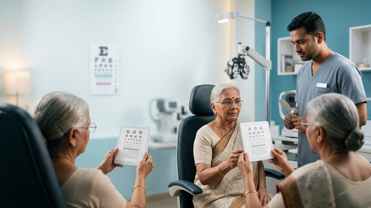 Eye specialist performing a visual acuity test using near and distance vision charts to assess a patient's eyesight and visual clarity.