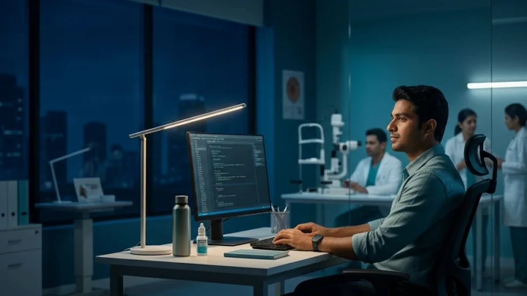 Night shift worker using a computer while following healthy eye care habits, including proper lighting, screen breaks, hydration, and sleep.