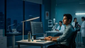 Night shift worker using a computer while following healthy eye care habits, including proper lighting, screen breaks, hydration, and sleep.