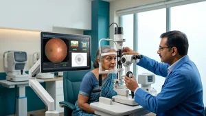 Eye pressure measurement with a tonometry device to assess ocular hypertension and monitor glaucoma risk.