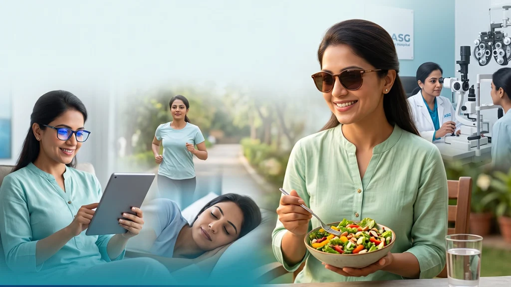 Eye doctor explaining healthy eye care habits during a routine eye examination