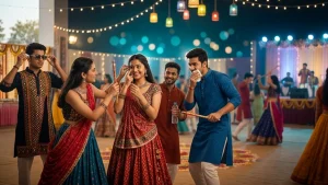 People enjoying Garba during Navratri while following eye care tips to protect against dust, smoke, bright lights, and eye makeup.