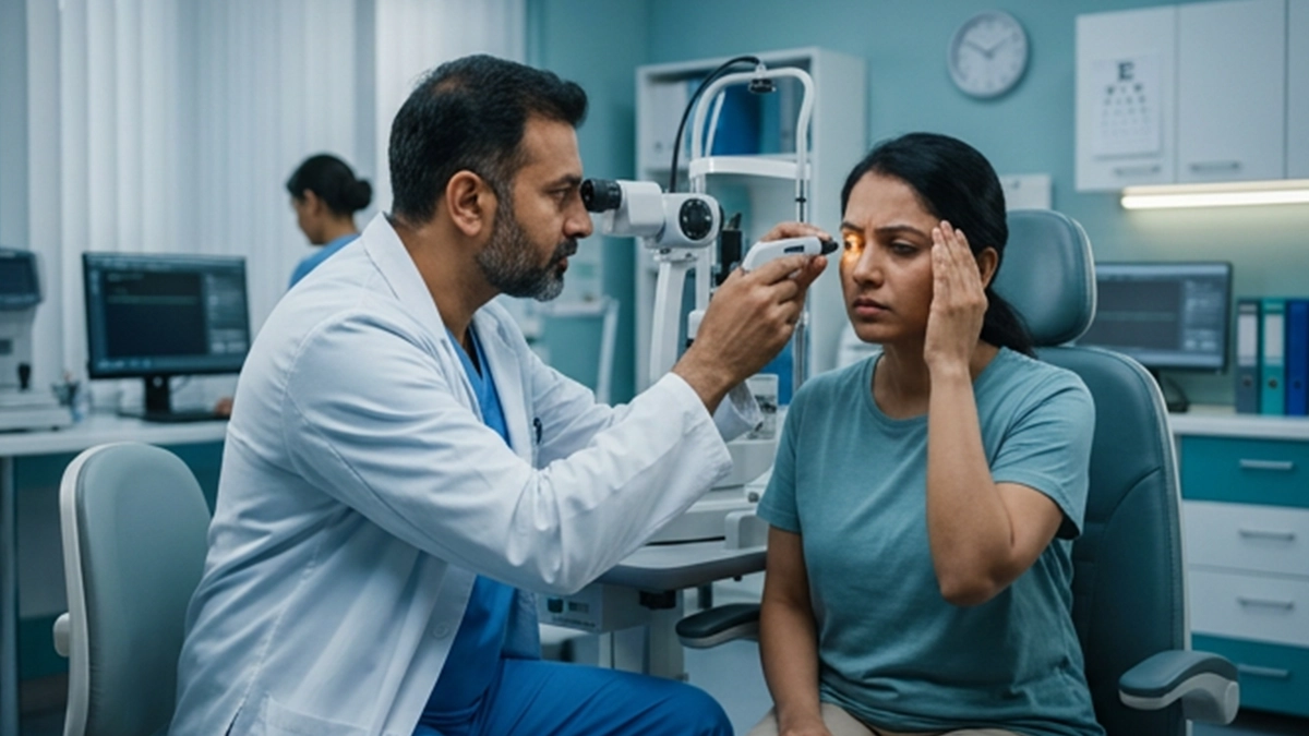 Person experiencing eye pain, headache, and nausea, illustrating symptoms that may require urgent medical evaluation.