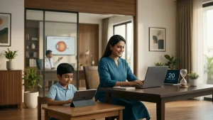 Person using a digital screen while following healthy screen habits, proper viewing distance, regular breaks, and eye-care practices.