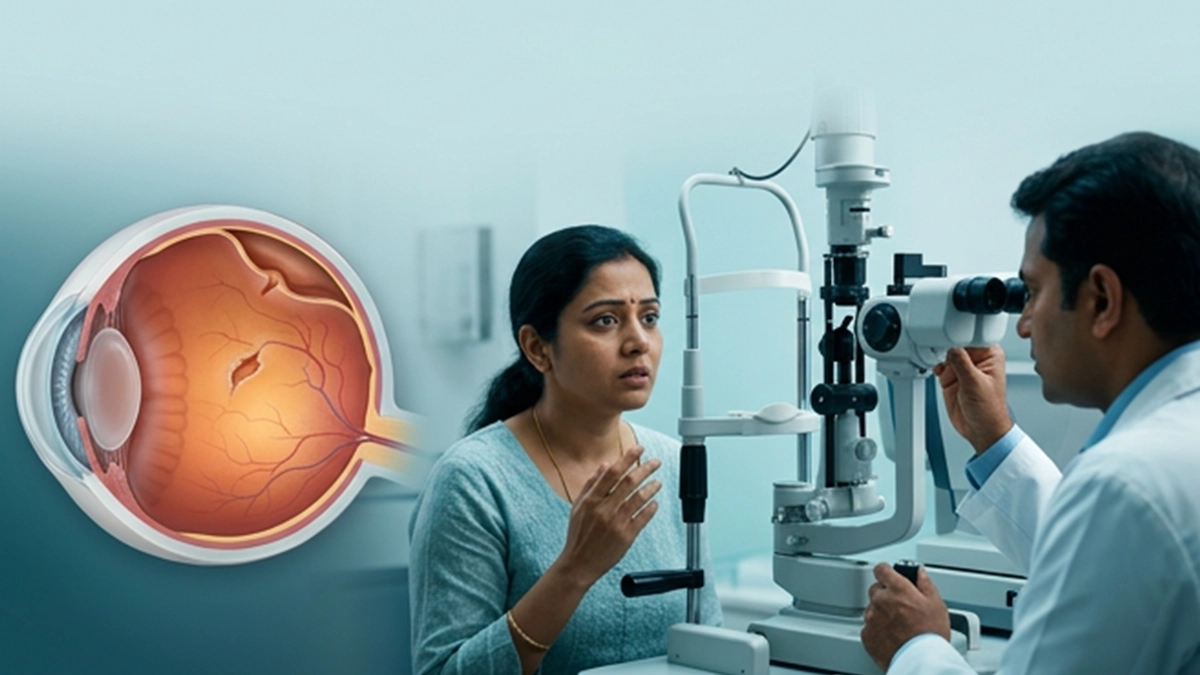 Medical illustration comparing a retinal tear and retinal detachment and showing why urgent assessment of vision changes is important.