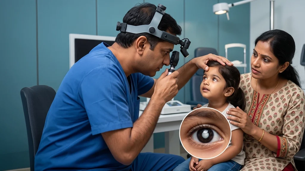 Child undergoing an eye examination to investigate an abnormal white pupil reflex