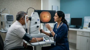 Eye specialist examining a patient for eye changes linked to high blood pressure, including retinal and blood vessel damage.