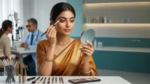 Woman applying festive eye makeup with kajal and eyeshadow while following eye hygiene precautions.
