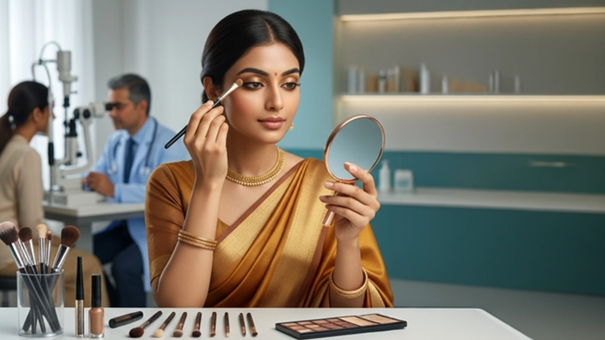 Woman applying festive eye makeup with kajal and eyeshadow while following eye hygiene precautions.