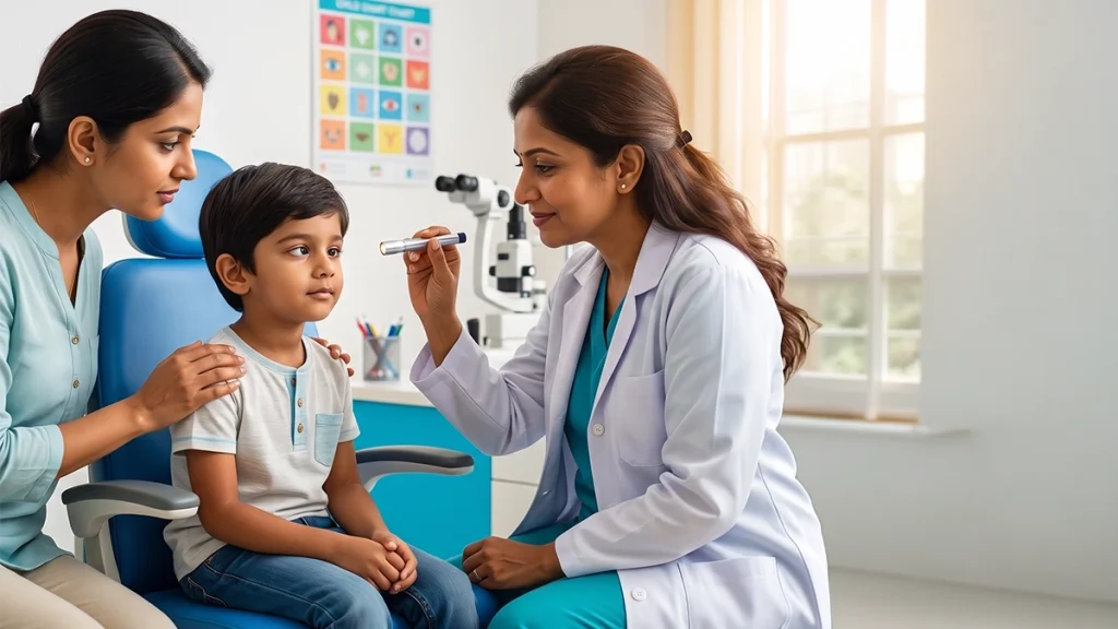 Child undergoing an eye alignment examination for intermittent squint