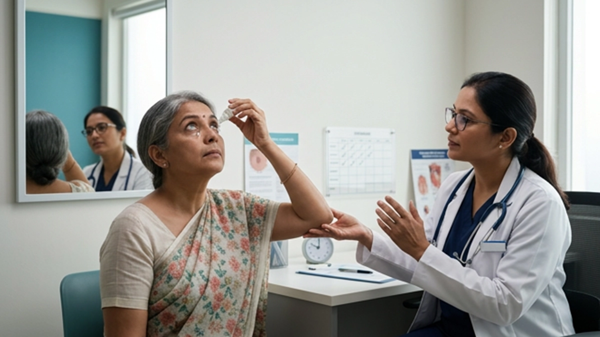 Person correctly applying prescribed glaucoma eye drops while following a daily eye care routine.