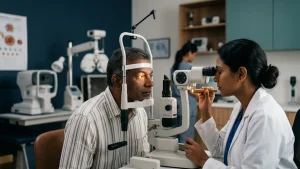 Eye specialist examining a patient with dilated pupils to identify possible causes, symptoms, and warning signs of mydriasis.