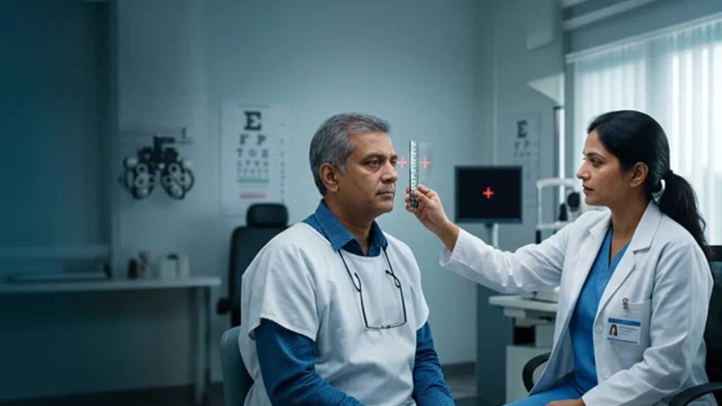 Eye specialist examining a patient experiencing double vision to identify possible causes of diplopia and discuss diagnosis and treatment options.