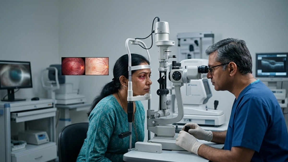 Person experiencing eye pain, headache, and nausea, illustrating symptoms that may require urgent medical evaluation.