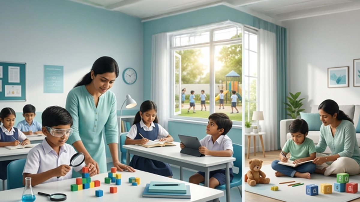 Children practising eye safety at home and school with adult supervision, safe toys, screen breaks, and protective habits.