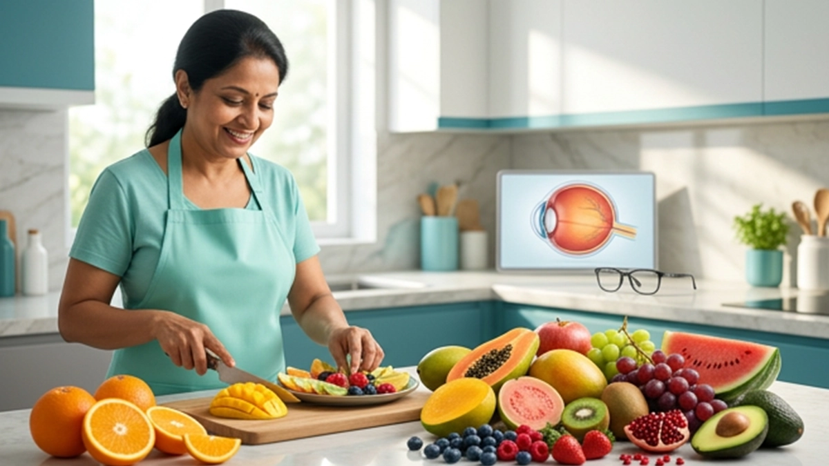 A colourful selection of fresh fruits rich in vitamins and antioxidants that support healthy vision and eye health.