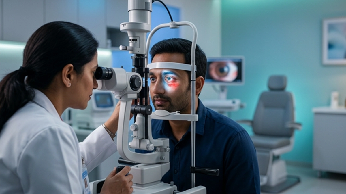 Medical illustration showing a localised red patch on the white of the eye and common causes of eye redness.