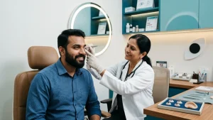 Eye specialist discussing prosthetic eye options, fitting process, care, replacement, and cost factors with a patient.