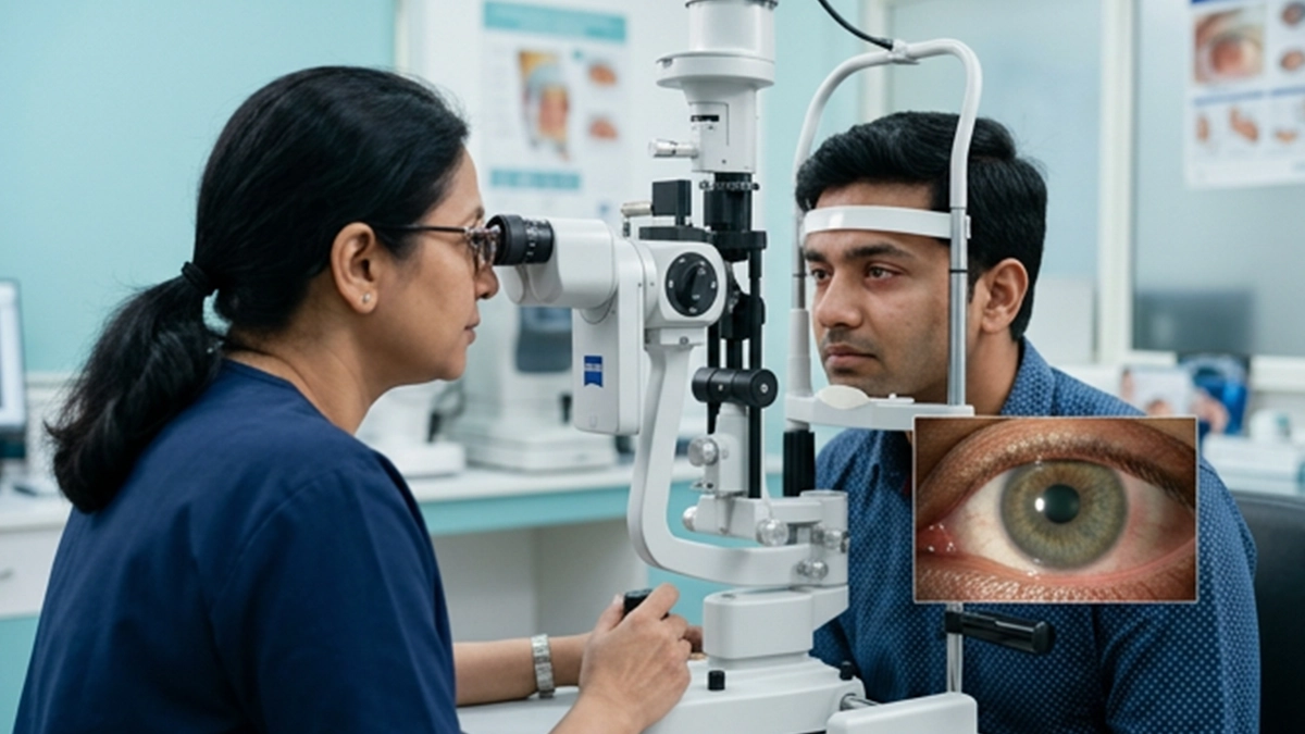 Eye specialist examining a patient for anterior uveitis and assessing eye redness, pain, light sensitivity, inflammation, and vision changes.