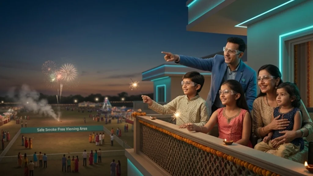 Family maintaining a safe distance from Dussehra fireworks while avoiding smoky areas to protect their eyes.