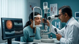 Eye specialist examining a patient with possible Behcet's disease-related uveitis, assessing eye inflammation, redness, pain, and vision changes.