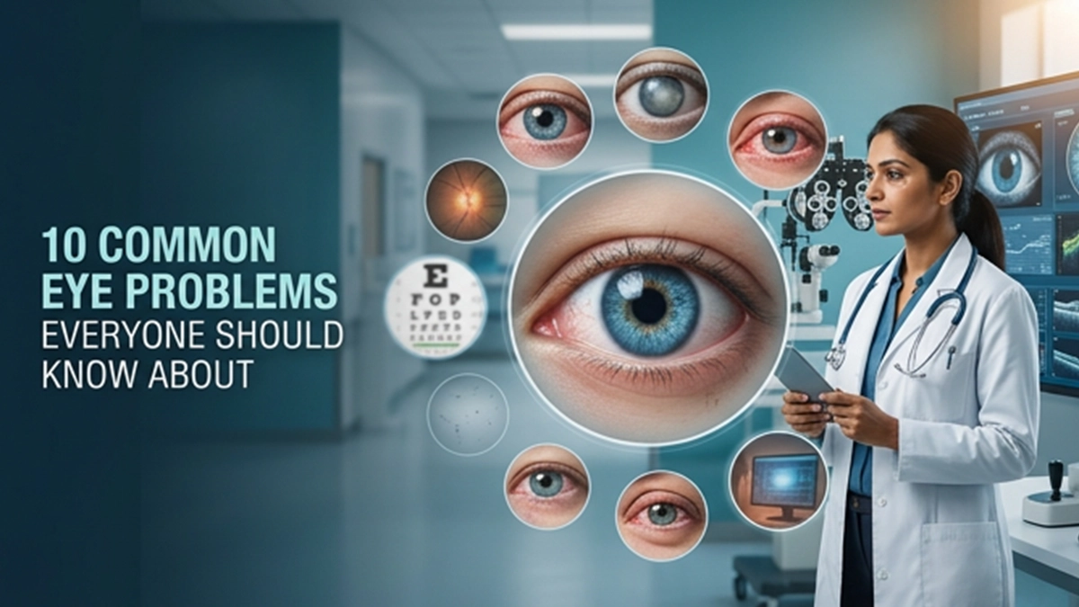 Eye specialist examining a patient for common eye problems while discussing symptoms, causes, treatment options, and vision care.