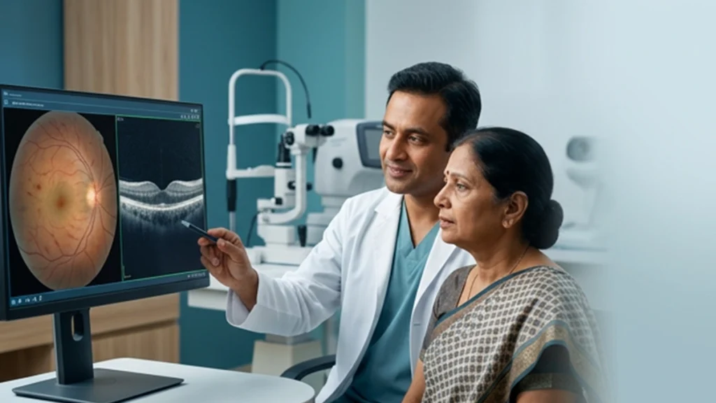 Eye specialist examining the retina to diagnose retinal vein occlusion and assess blood vessel blockage, retinal changes, and treatment options.