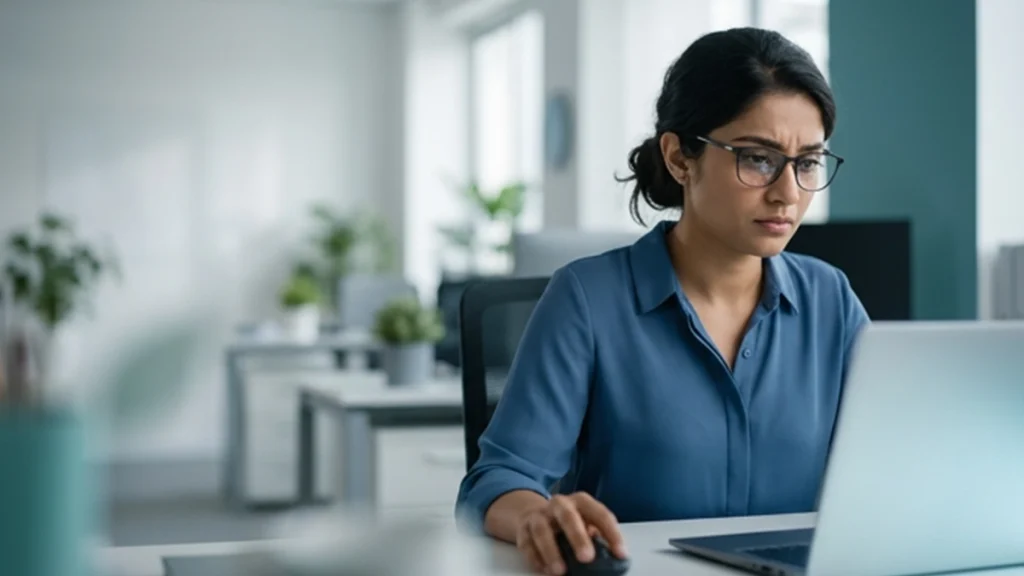 Person working on a computer with dry eye discomfort, illustrating how reduced blinking during screen use can worsen eye dryness.