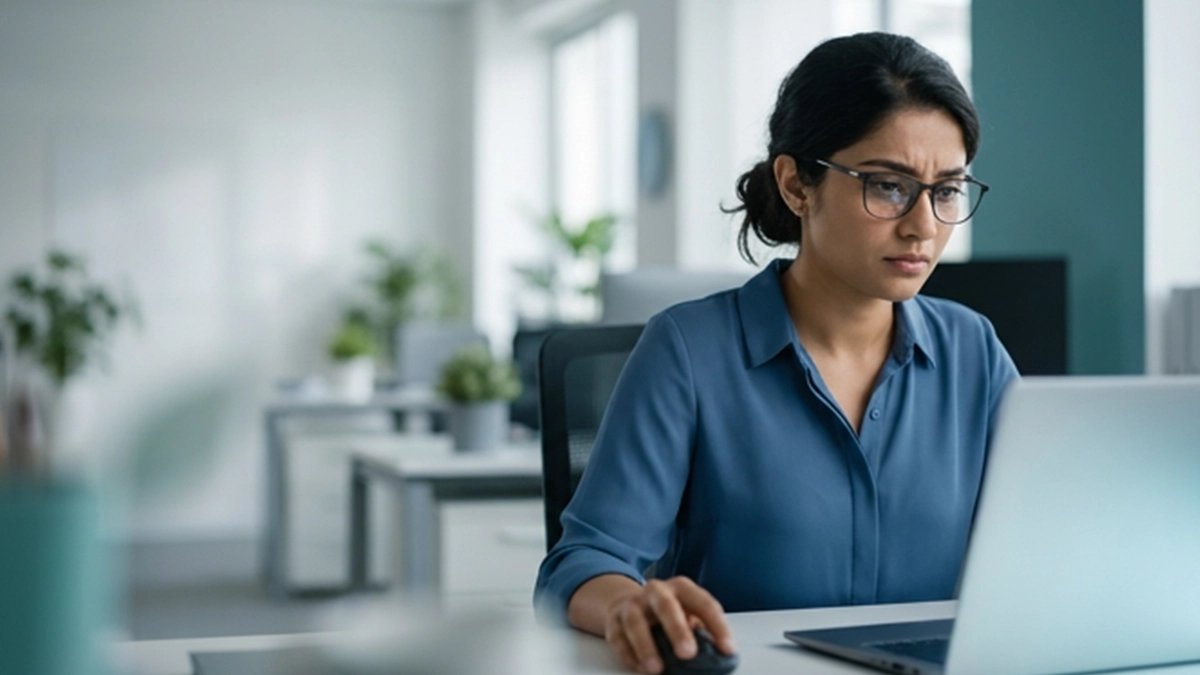 Person working on a computer with dry eye discomfort, illustrating how reduced blinking during screen use can worsen eye dryness.