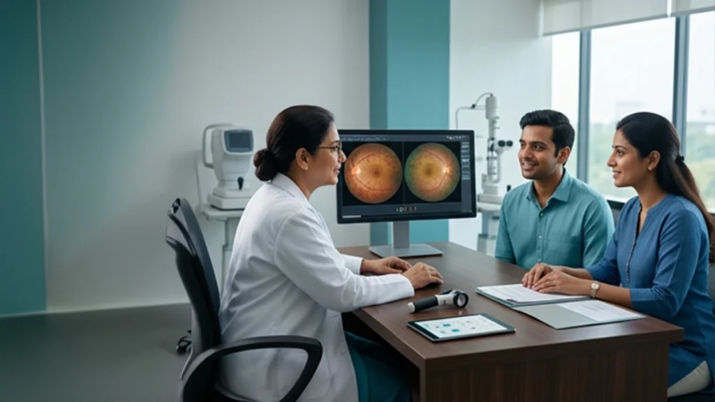 Person using a low-vision aid while learning about retinitis pigmentosa testing, genetic counselling, and vision support.