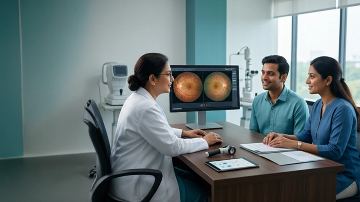 Person using a low-vision aid while learning about retinitis pigmentosa testing, genetic counselling, and vision support.