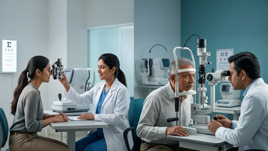 Adult in their 30s and an adult over 40 attending routine eye examinations to monitor vision and age-related eye health changes.