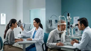 Adult in their 30s and an adult over 40 attending routine eye examinations to monitor vision and age-related eye health changes.