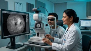 Retinal angiography imaging showing retinal blood vessels during a fundus fluorescein angiography eye test.