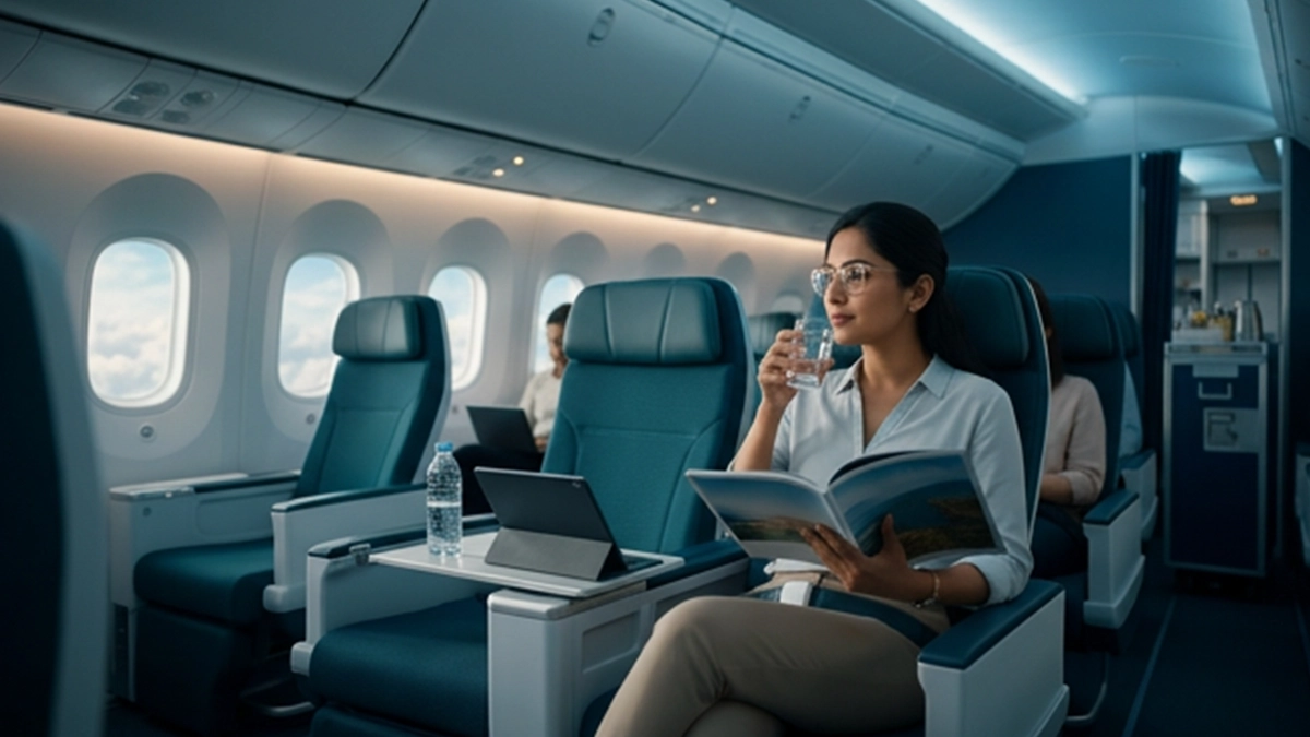Airline passenger following eye care habits during a flight to reduce dryness, irritation and eye strain.