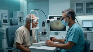 Medical illustration of panretinal photocoagulation laser treatment used to manage advanced diabetic retinopathy and reduce the risk of severe vision loss.
