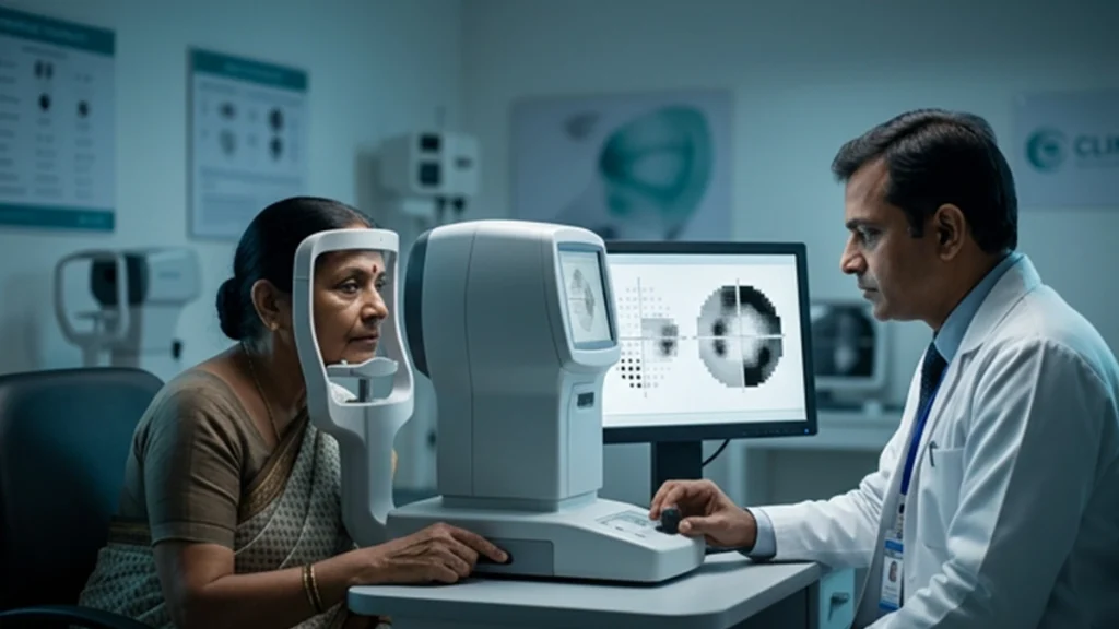Example of an automated glaucoma visual field report showing sensitivity maps and measurements used to assess patterns of vision loss.