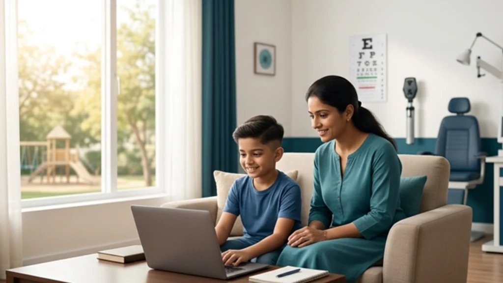 Parents helping children follow healthy screen habits with proper breaks, posture, lighting, and balanced screen time.